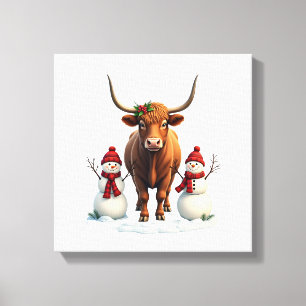 Kerstmis hooglandkoe met sneeuwmannen rode geruite canvas afdruk