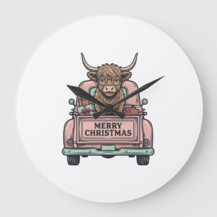 Kerstmis Hooglandkoe Truck Vintage Gravure Shirt Grote Klok