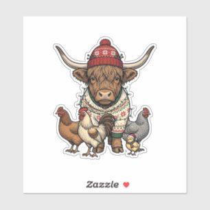 Kerstmis Hooglandrund en Kippen Vintage Gravure Sticker