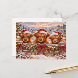 Kerstmis Hooglandrunderen – Festieve Aquarel Kunst Feestdagenkaart