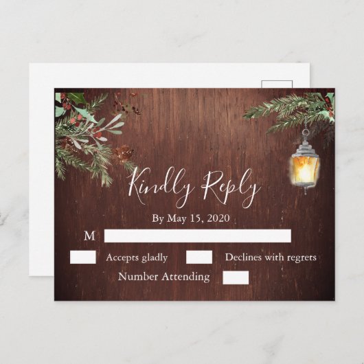 Kerstmis Hout Pine Winter Bruiloft RSVP Briefkaart (Voorkant / Achterkant)