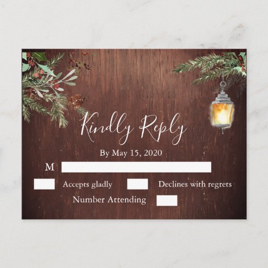 Kerstmis Hout Pine Winter Bruiloft RSVP Briefkaart (Voorkant)