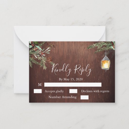 Kerstmis Hout Pine Winter Bruiloft RSVP Notitiekaartje (Voorkant)