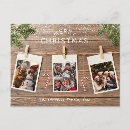 Kerstmis Hout Roestige Touw Foto Collage Feestdagenkaart (Voorkant)