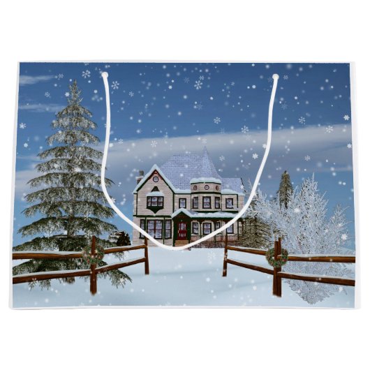 Kerstmis, Huis in Snowy Winter Scene Large Cadeautasje (Voorkant)