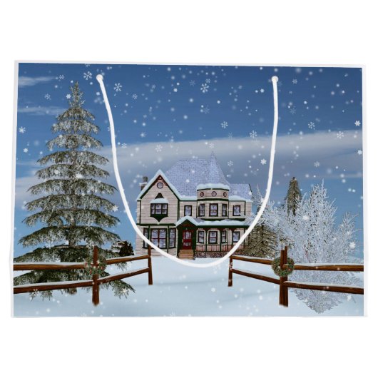 Kerstmis, Huis in Snowy Winter Scene Large Cadeautasje (Achterkant)