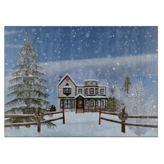 Kerstmis, Huis in Snowy Winter Scene Snijplank (Voorkant)