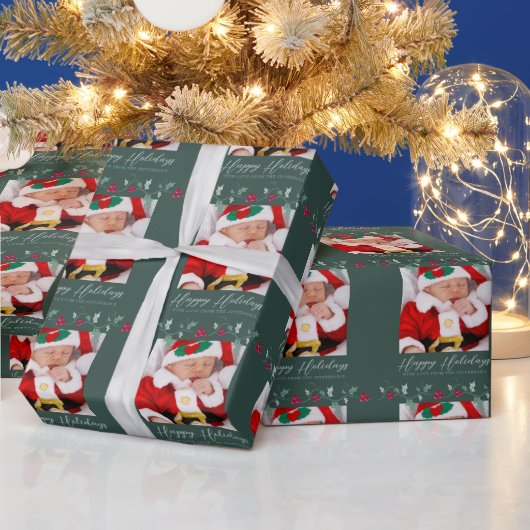 Kerstmis hulst en rode bessen groene foto cadeaupapier (Feestdagen)