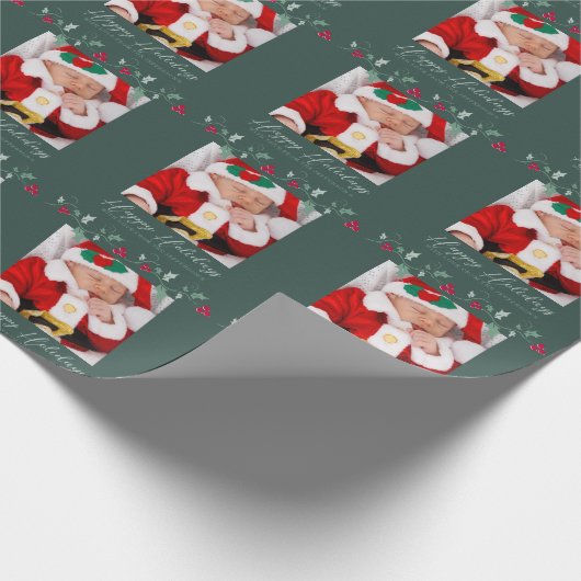 Kerstmis hulst en rode bessen groene foto cadeaupapier (Hoek)