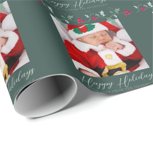 Kerstmis hulst en rode bessen groene foto cadeaupapier (Rol Hoek)