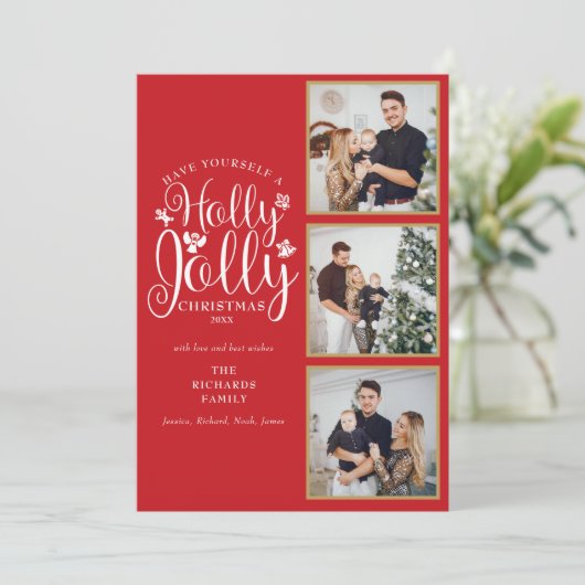 Kerstmis Hulst Kerst Script 3 Foto Collage Feestdagenkaart (Staand voorkant)
