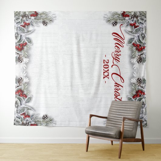 Kerstmis Hulst Pijnboom Rustieke Fotohokje Achterg Wandkleed (In Situ (horizontaal))