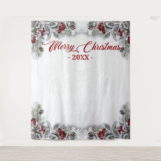 Kerstmis Hulst Pijnboom Rustieke Fotohokje Achterg Wandkleed (Voorkant)