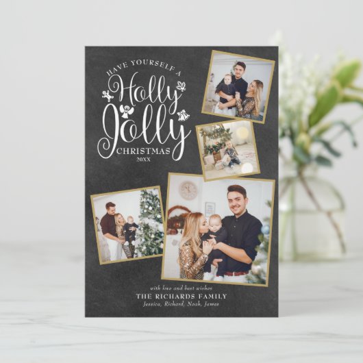 Kerstmis Hulst Pret Foto Collage Krijtbord Feestdagenkaart (Staand voorkant)