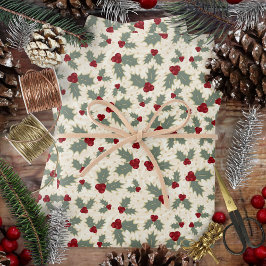 Kerstmis - Hulstbessen en Bladeren Inpakpapier Vel