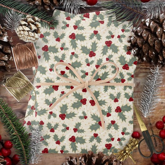 Kerstmis - Hulstbessen en Bladeren Inpakpapier Vel