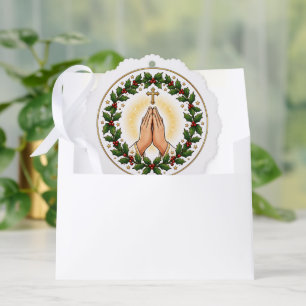 Kerstmis hulstkrans keramiek met biddende handen ornament kaart
