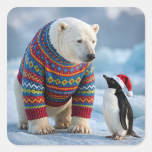 Kerstmis Ijsbeer en Pinguïn Vrienden Vierkante Sticker