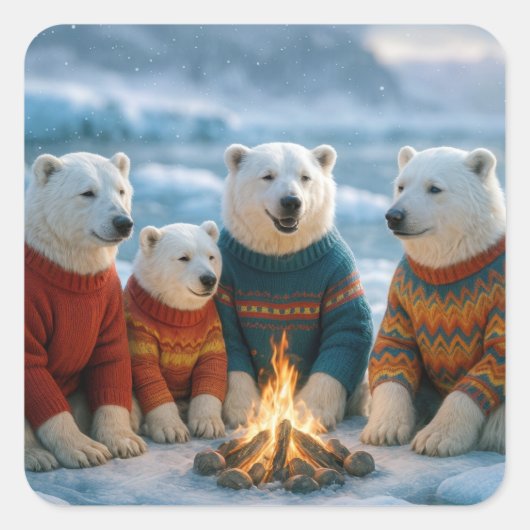 Kerstmis Ijsberen Rond een Vuur Vierkante Sticker (Voorkant)