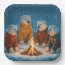 Kerstmis Ijsberen Rond een Vuurkorf Papieren Bordje