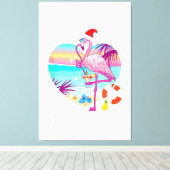 Kerstmis in augustus Roze Flamingo in Santa Hat Su Canvas Afdruk (Insitu (Houten vloer))