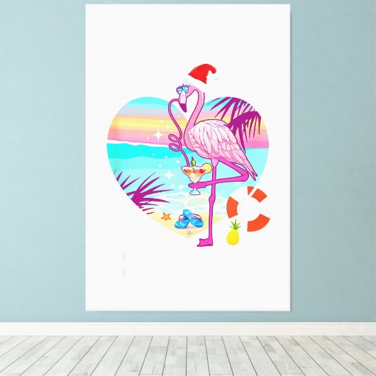 Kerstmis in augustus Roze Flamingo in Santa Hat Su Canvas Afdruk (Insitu (Houten vloer))