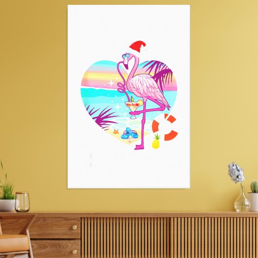 Kerstmis in augustus Roze Flamingo in Santa Hat Su Canvas Afdruk (Insitu (Woonkamer))