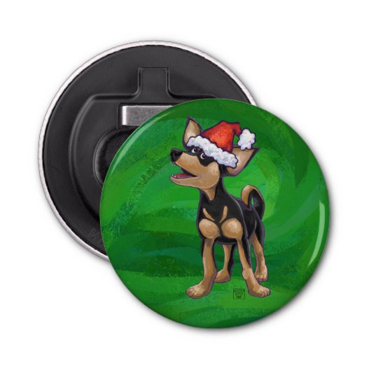 Kerstmis in Chihuahua op groen Button Flesopener (Voorkant)