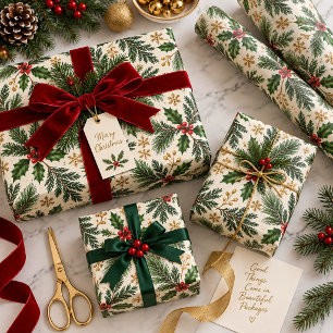 Kerstmis in de altijdgroene Elegante Hulst en Goud Cadeaupapier