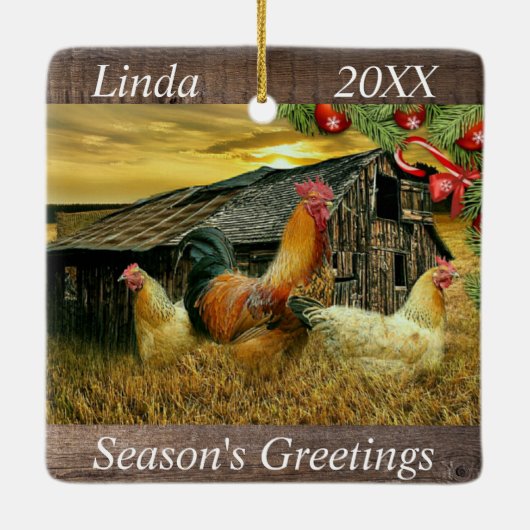 Kerstmis in de kippen Coop Rooster Hens Keramisch Ornament (Achterkant)