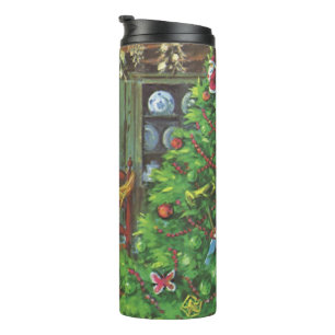 Kerstmis in de oude stijl, knus blokhutje met open thermosbeker