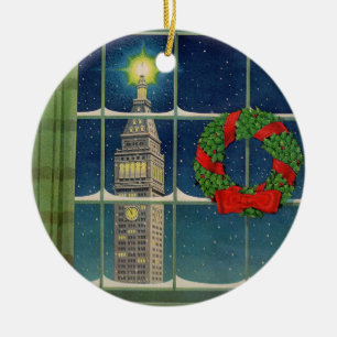 Kerstmis in de stad in de jaren 50 keramisch ornament