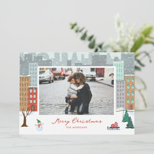 Kerstmis in de stad Plat Kerstkaart (Staand voorkant)