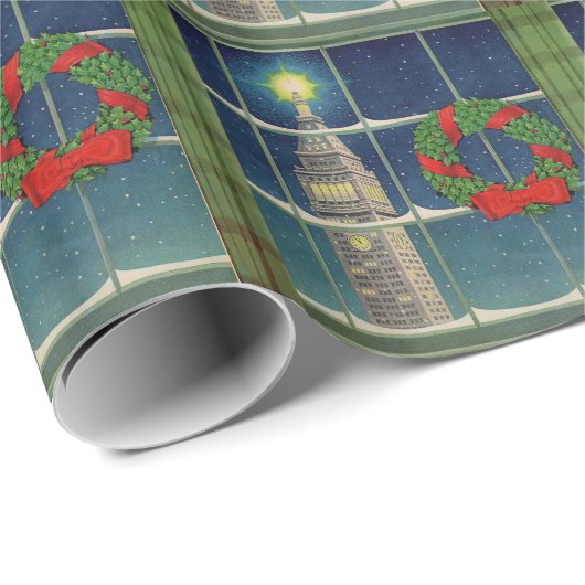 Kerstmis in de stad uit de jaren vijftig cadeaupapier (Rol Hoek)