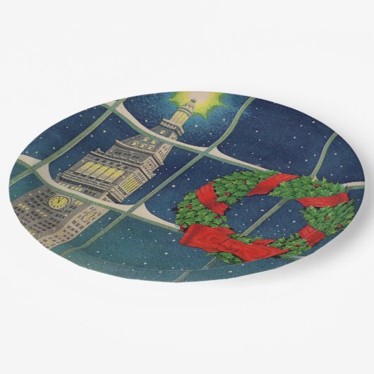 Kerstmis in de stad van 1950 papieren bordje (Gekanteld)