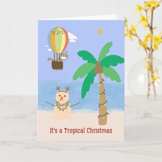 Kerstmis in de Tropics Palm Tree & Sand Snowman Kaart (Gele Bloem)