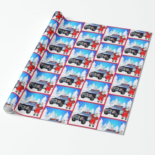 Kerstmis in de winter op politieauto's cadeaupapier (Uitgerold)