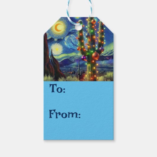 Kerstmis in de woestijn Zuidwest Saguaro Cactus Cadeaulabel (Voorkant)