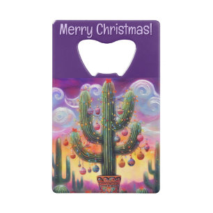 Kerstmis in de woestijn Zuidwest Saguaro Cactus Creditkaart Flessenopener