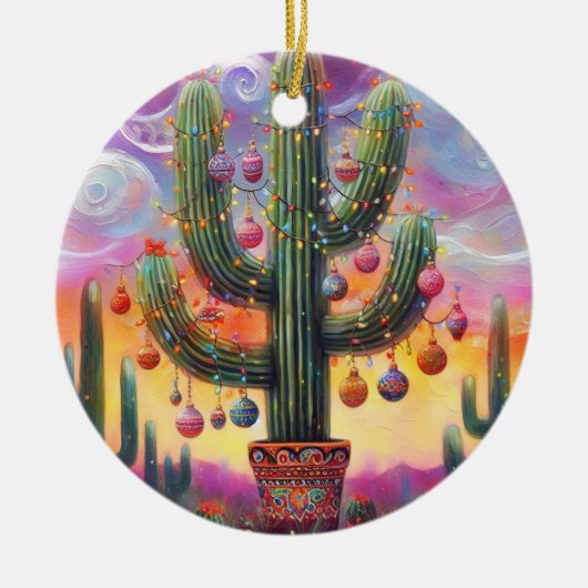 Kerstmis in de woestijn Zuidwest Saguaro Cactus Keramisch Ornament (Voorkant)