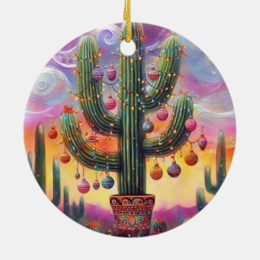 Kerstmis in de woestijn Zuidwest Saguaro Cactus Keramisch Ornament (Achterkant)