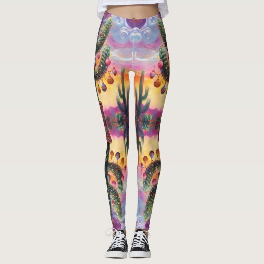 Kerstmis in de woestijn Zuidwest Saguaro Cactus Leggings (Voorkant)