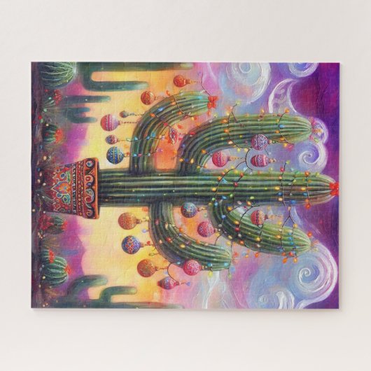 Kerstmis in de woestijn Zuidwest Saguaro Cactus Legpuzzel (Horizontaal)