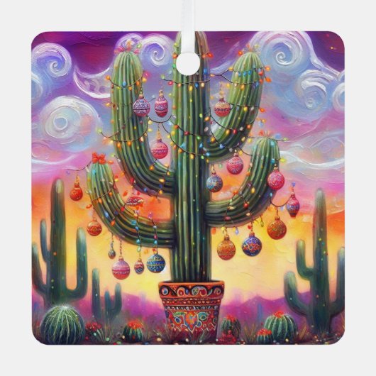 Kerstmis in de woestijn Zuidwest Saguaro Cactus Metalen Ornament (Voorkant)