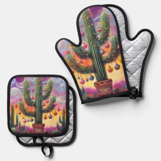 Kerstmis in de woestijn Zuidwest Saguaro Cactus Ovenwant & Pannenlap Set (Voorkant / Achterkant)