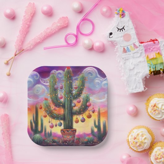 Kerstmis in de woestijn Zuidwest Saguaro Cactus Papieren Bordje (Feest)