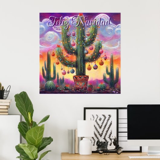 Kerstmis in de woestijn Zuidwest Saguaro Cactus Poster (Thuiskantoor)