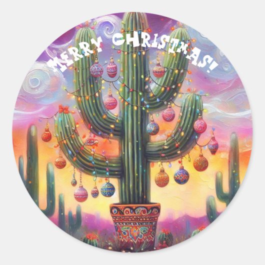 Kerstmis in de woestijn Zuidwest Saguaro Cactus Ronde Sticker (Voorkant)