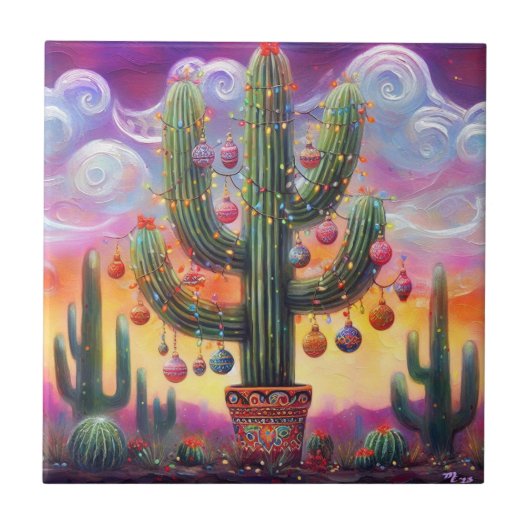 Kerstmis in de woestijn Zuidwest Saguaro Cactus Tegeltje (Voorkant)