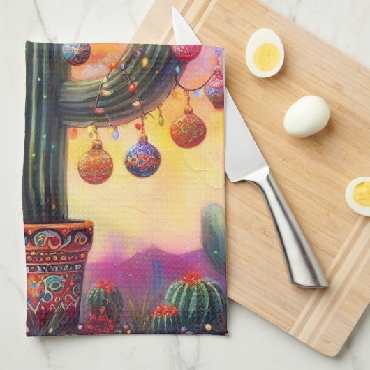 Kerstmis in de woestijn Zuidwest Saguaro Cactus Theedoek (Quarter Fold)